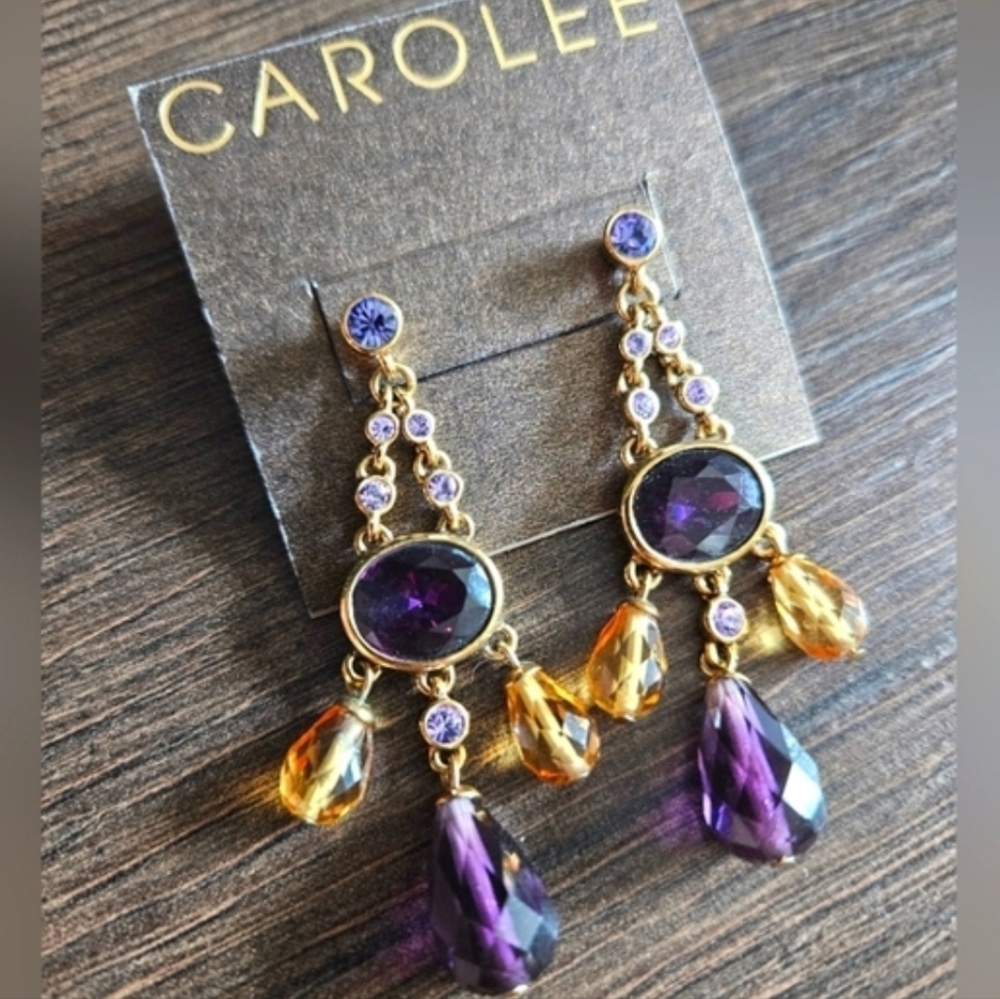 NWT Carolee Purple & Gold Crystal Drop Earrings - Picture 4 of 4